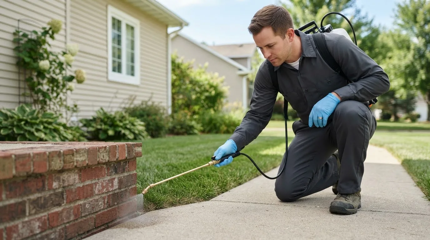 Pest control technician treating a home near Apulia Station, NY