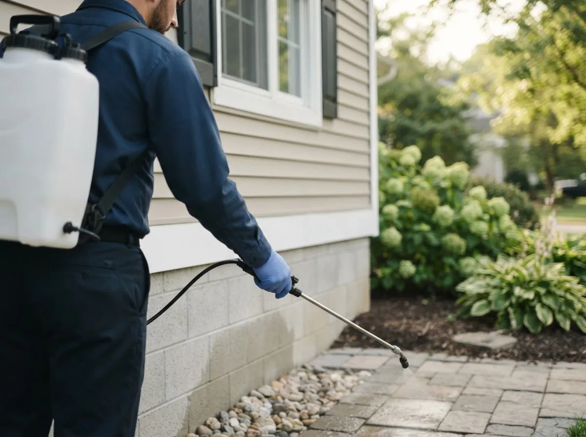 Pest control technician inspecting a home in Apulia Station, NY